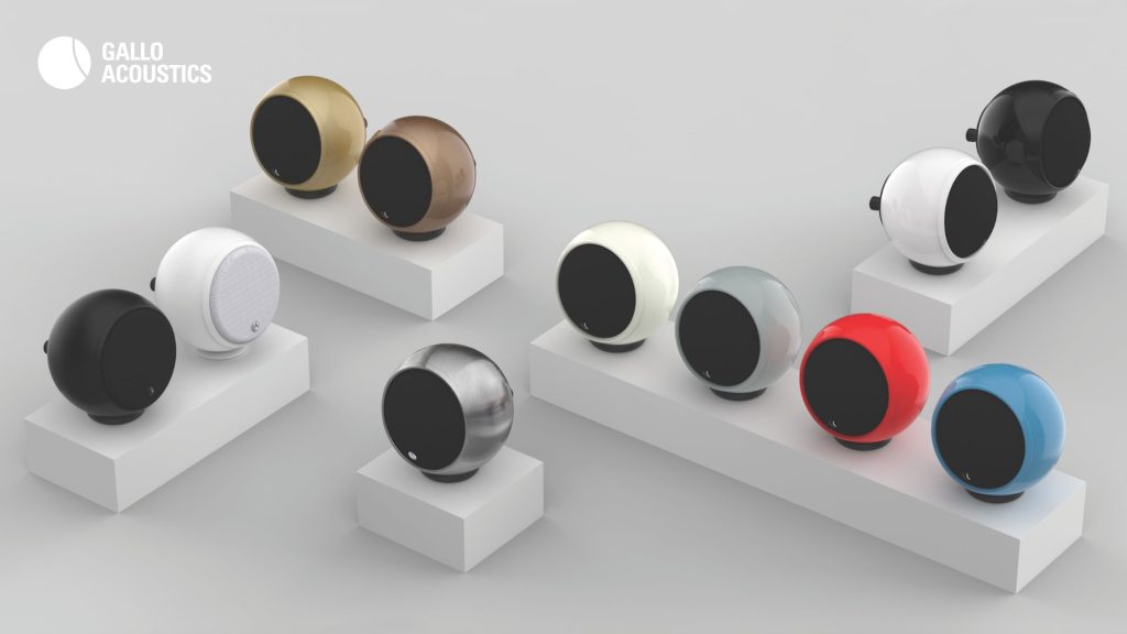 Gallo Acoustics photo showing variety of speaker colours available.