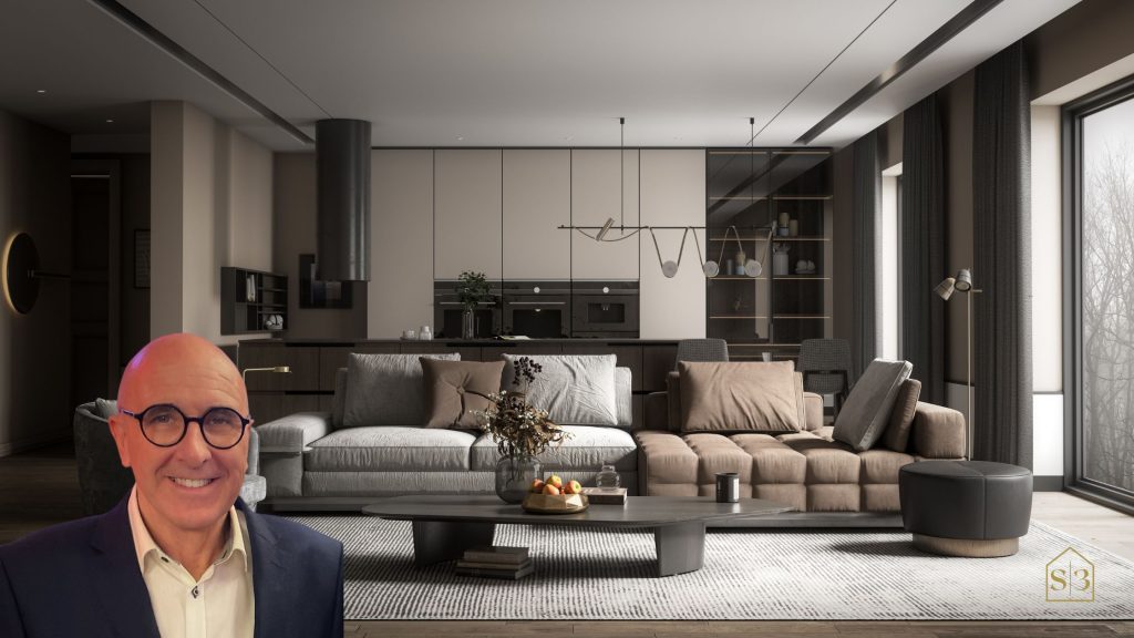 A luxurious interior of a home with a headshot of Andrew Woods, a systems integrator with over 30 years of experience, superimposed on the image.