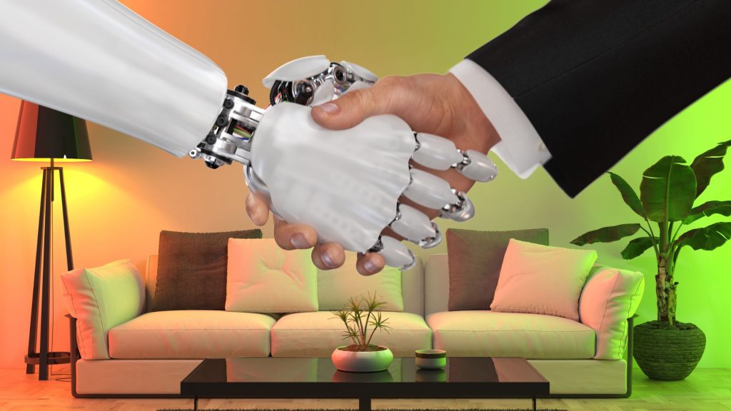 Robot and human shaking hands in a smart home living room with AI-controlled smart lighting in warm and green tones